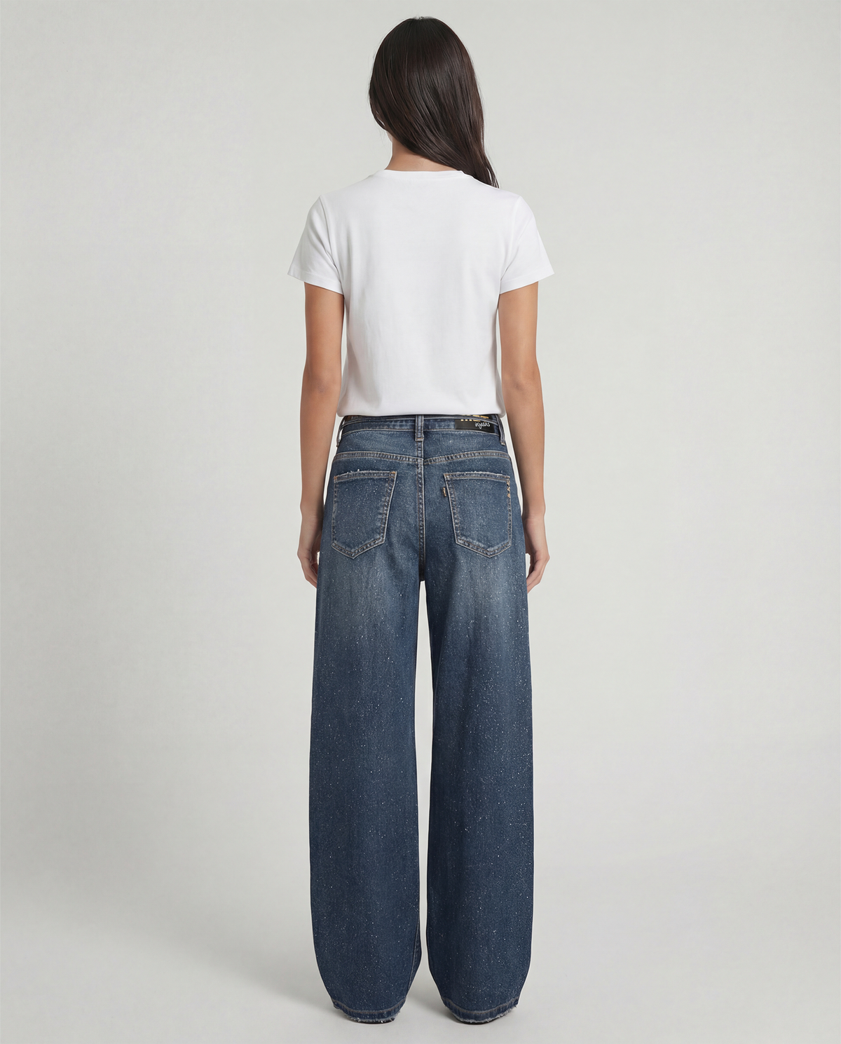 Jeans wide leg con cintura in denim e micro strass