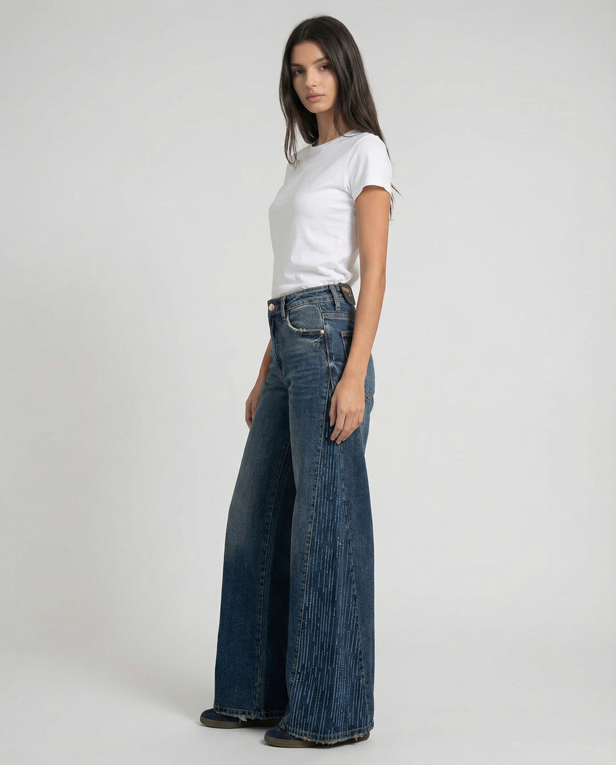 Jeans wide leg con pannelli effetto rigato