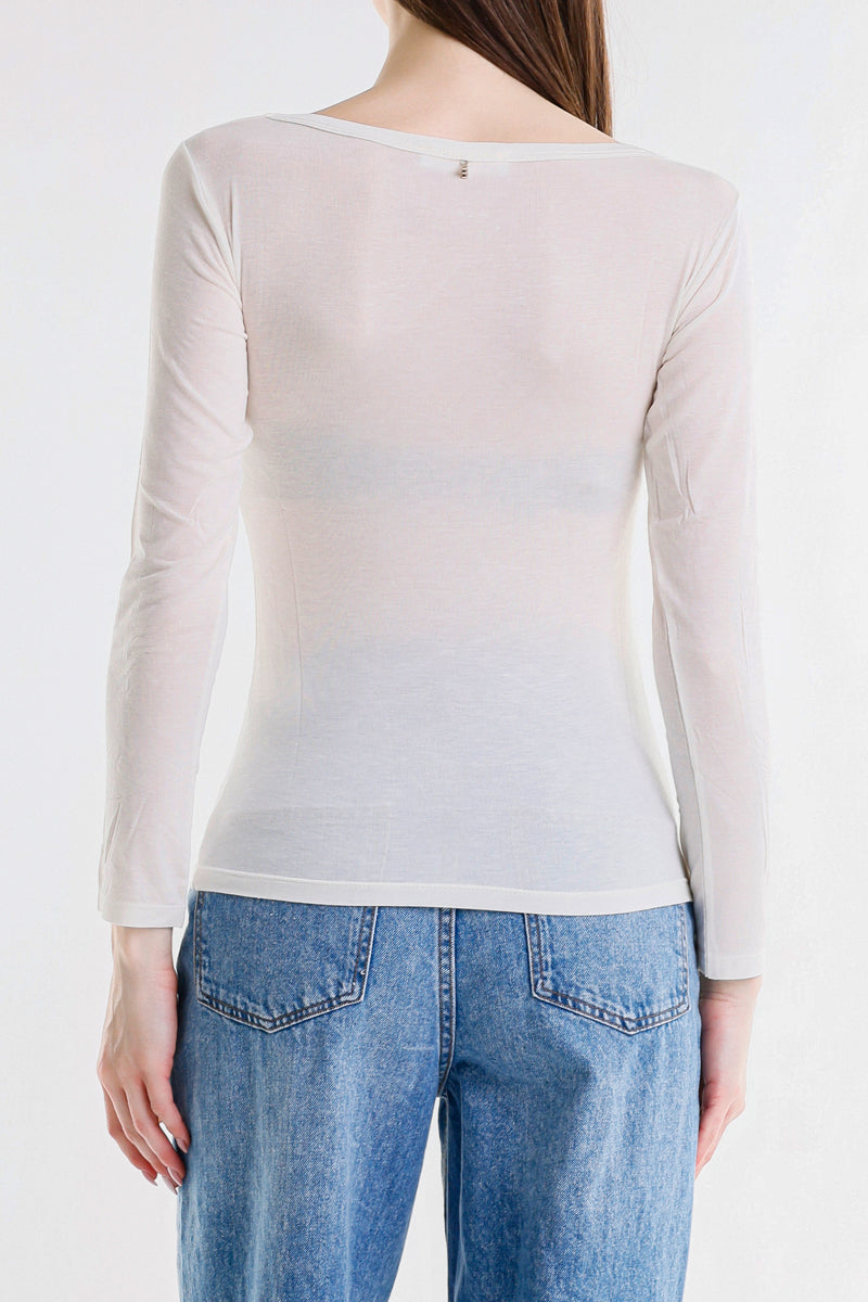T-SHIRT SCOLLO A V LOGO STRASS