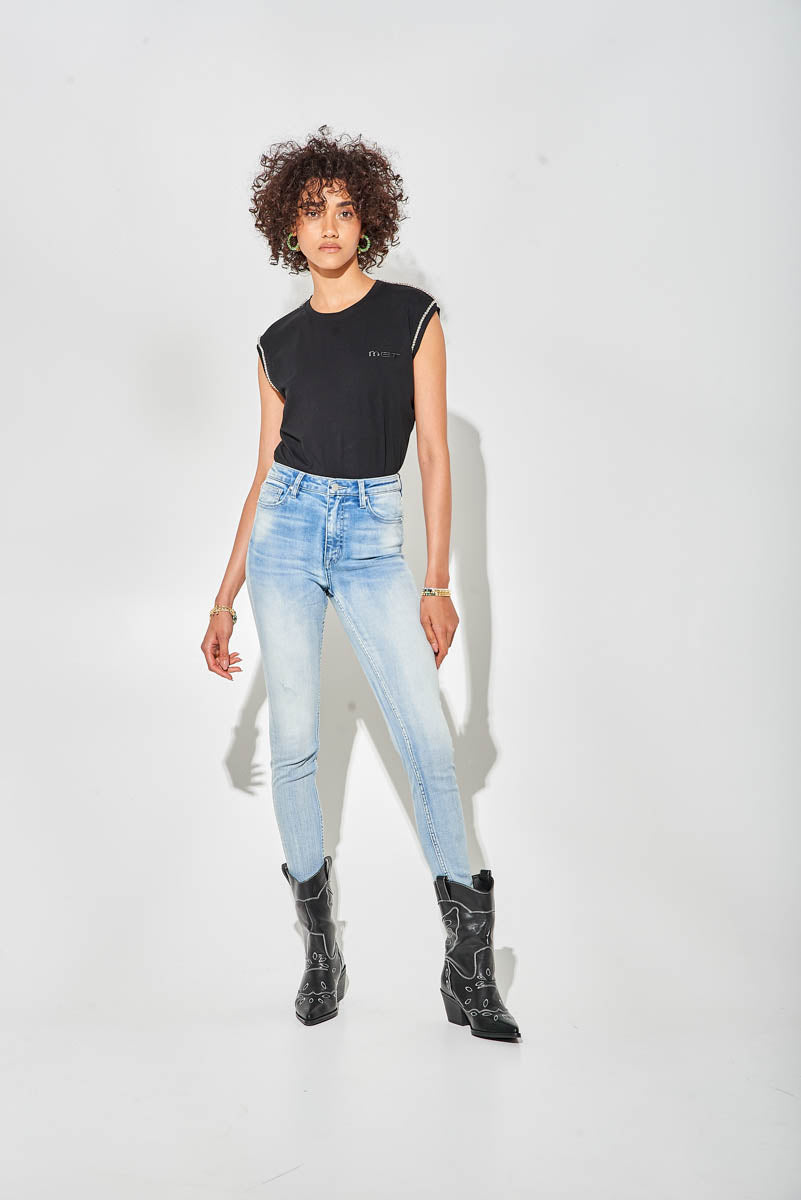 Jeans Skinny Blu a Vita Alta con Sfumature