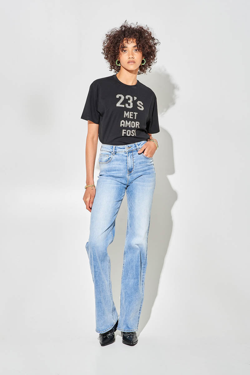Jeans a Gamba Larga Blu Chiaro a Vita Alta