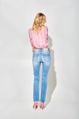 Blue Regular-Waist Straight Jeans with Ripped Knees