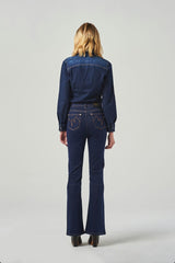 High-Waisted Dark Blue Straight Leg Jeans With Pearls