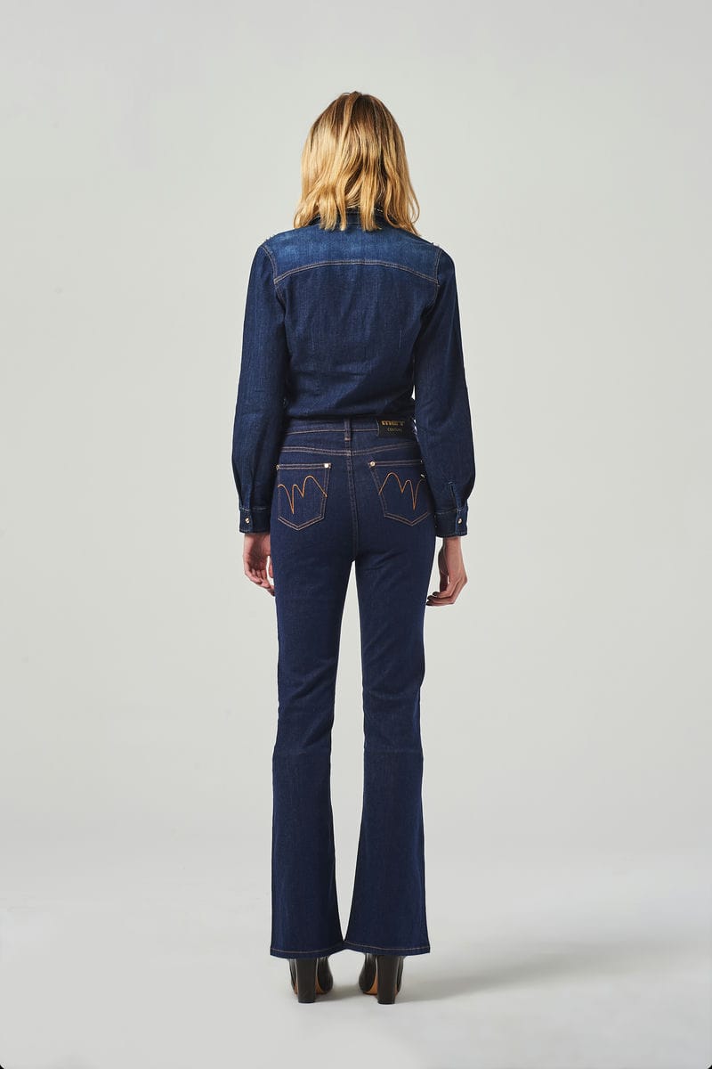 Jeans Gamba Dritta Blu Scuro A Vita Alta Con Perle