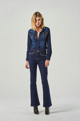 High-Waisted Dark Blue Straight Leg Jeans With Pearls