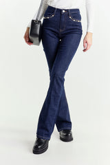 High-Waisted Dark Blue Straight Leg Jeans With Pearls