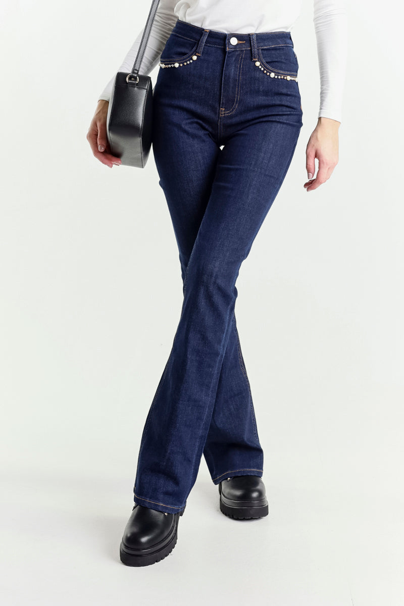 Jeans Gamba Dritta Blu Scuro A Vita Alta Con Perle