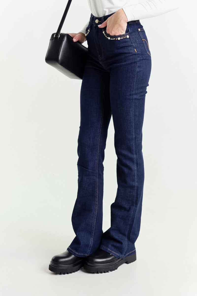 Jeans Gamba Dritta Blu Scuro A Vita Alta Con Perle