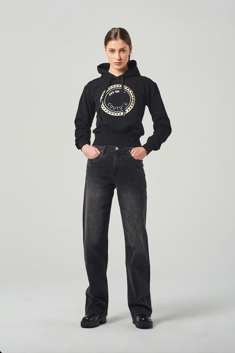 Jeans Wide Leg Nero a Vita Regolare