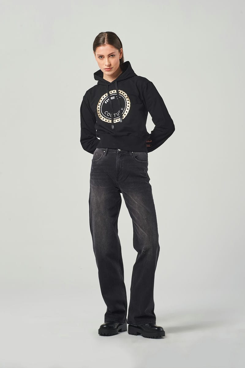 Jeans Wide Leg Nero a Vita Regolare