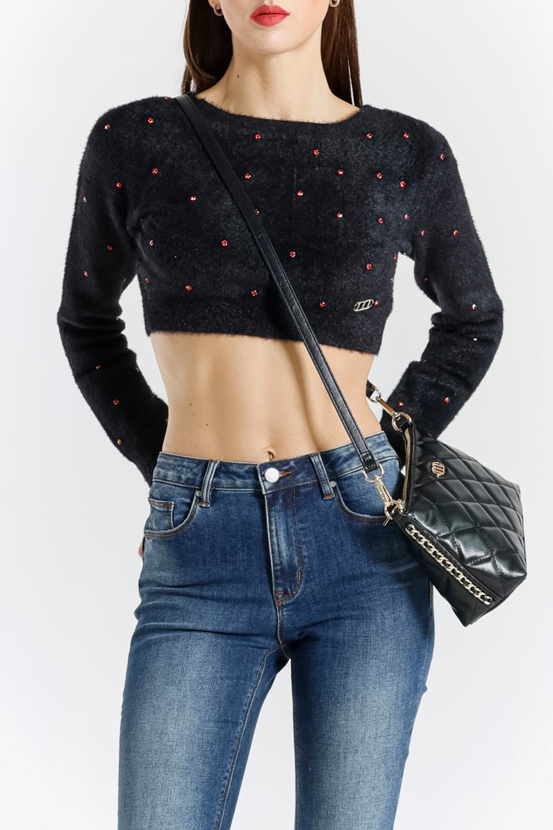 Maglia Cropped in Pelliccia con Applicazioni