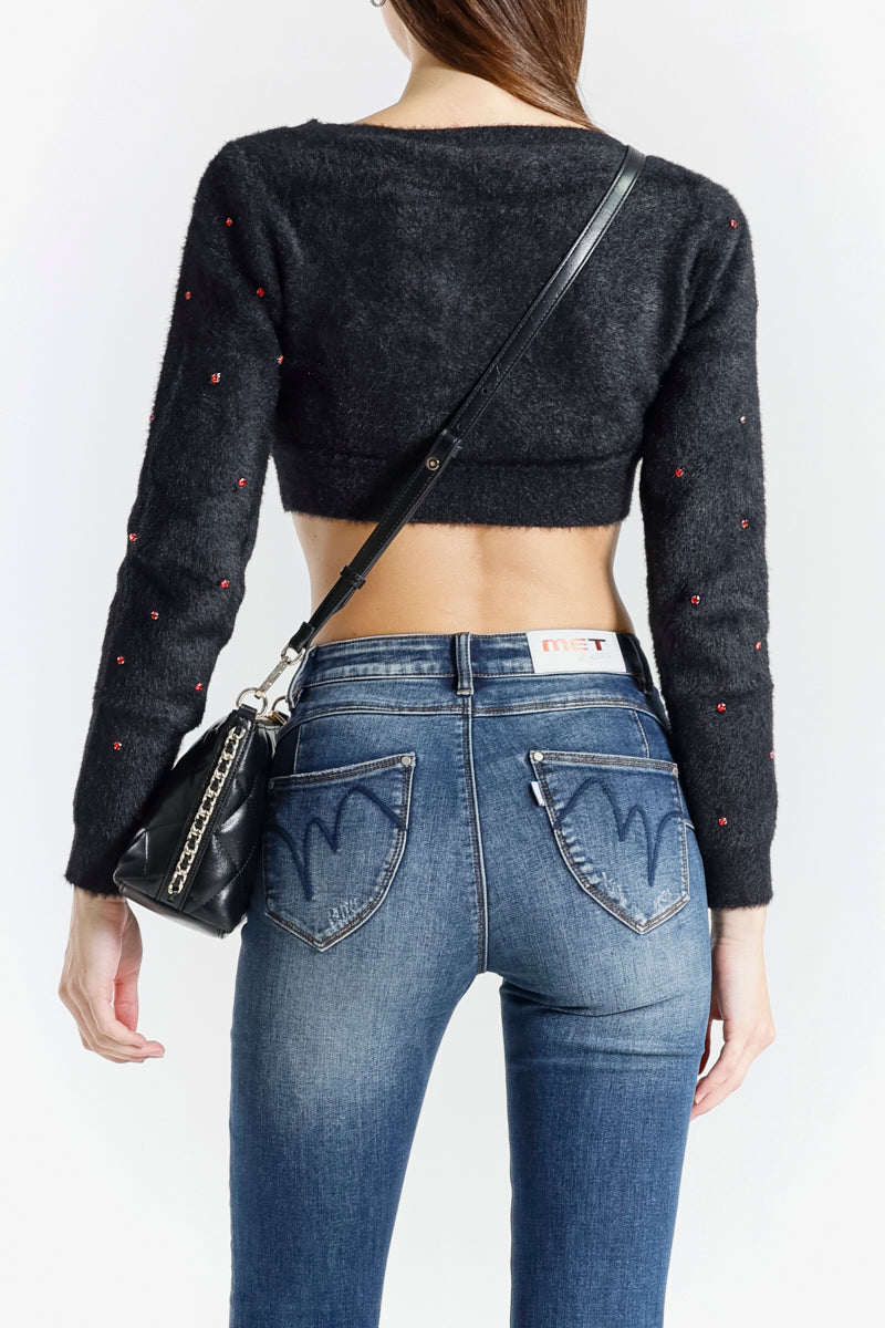 Maglia Cropped in Pelliccia con Applicazioni