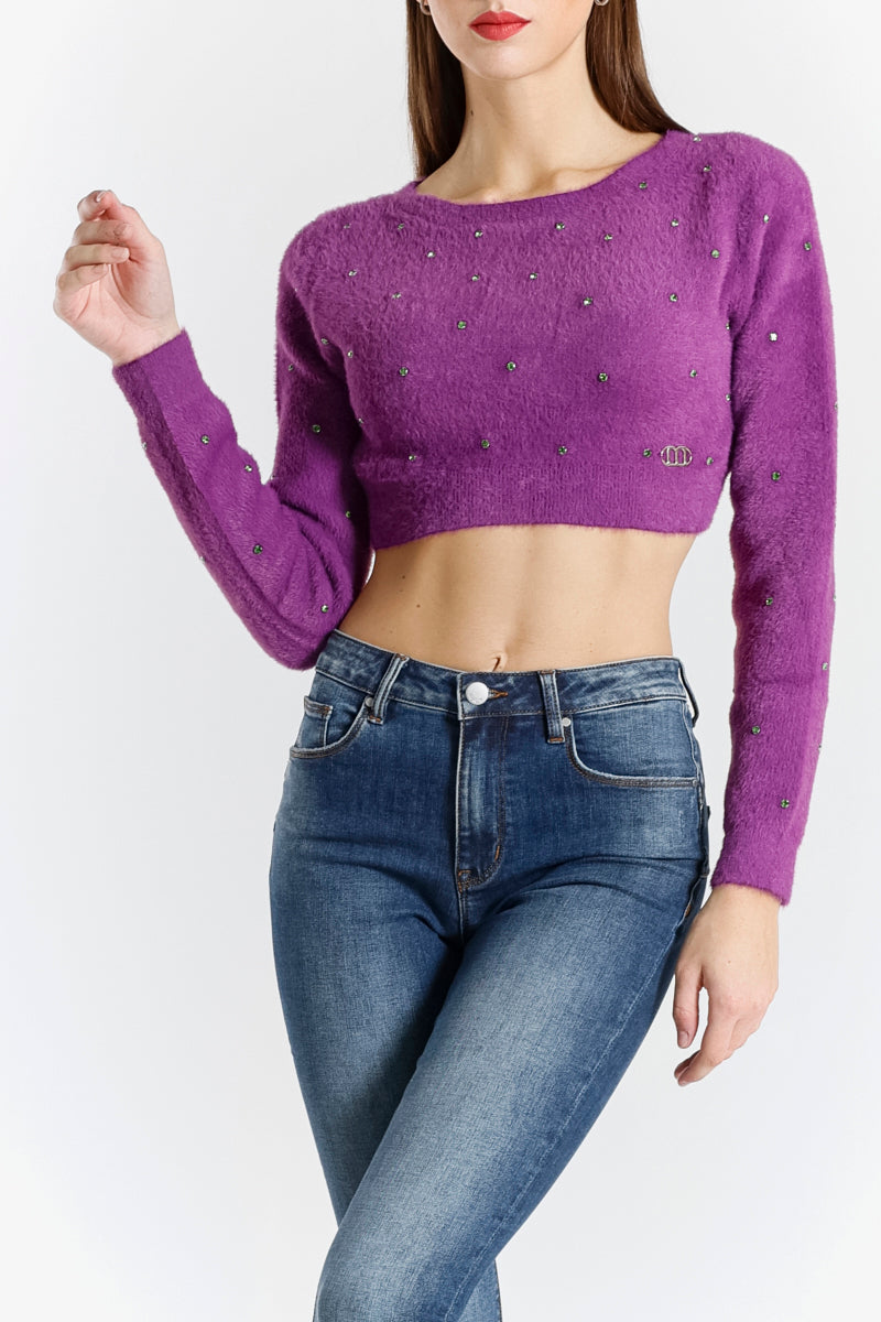 Maglia Cropped in Pelliccia con Applicazioni