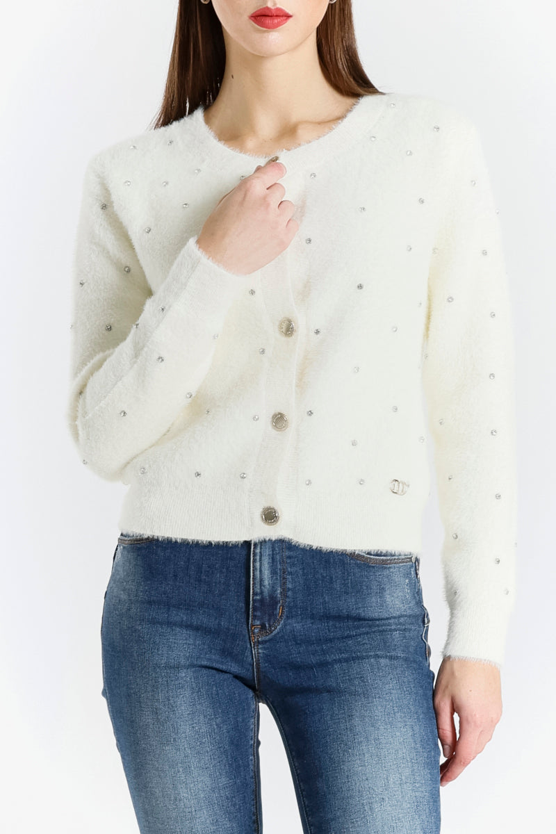 Cardigan in Eco Pelliccia con Dettagli Applicati