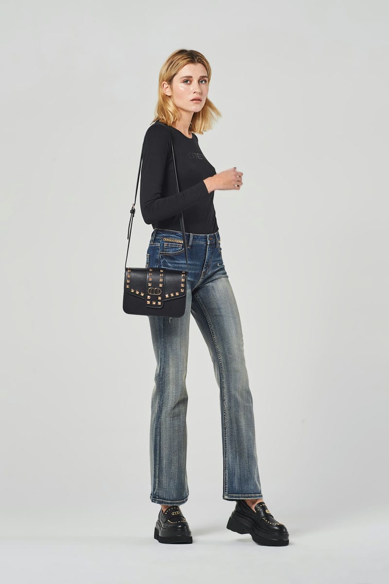 Wide Leg Jeans Blu a Vita Regolare con Effetto Consumati e Catena Decorativa