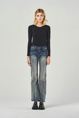 Regular-Waist Blue Wide-Leg Jeans with Distressed Effect and Decorative Chain