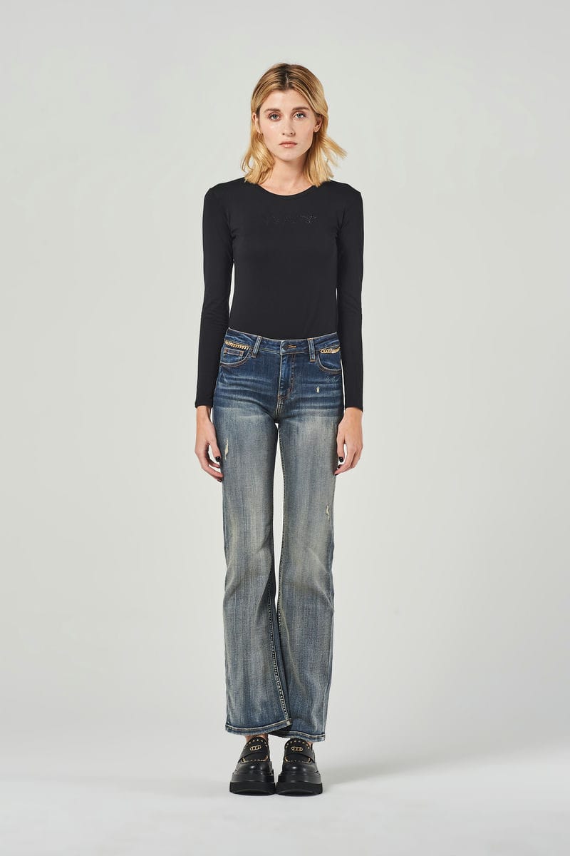 Wide Leg Jeans Blu a Vita Regolare con Effetto Consumati e Catena Decorativa