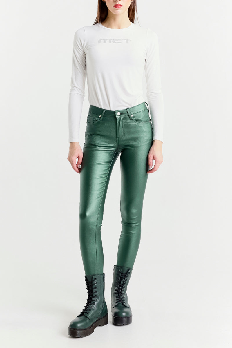 Pantalone Skinny Super Stretch a Vita Regolare in Ecopelle Effetto Lucido