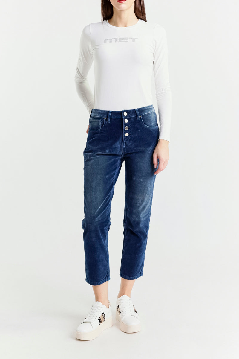 Jeans Blu in Velour a Gamba Dritta Vita Regolare