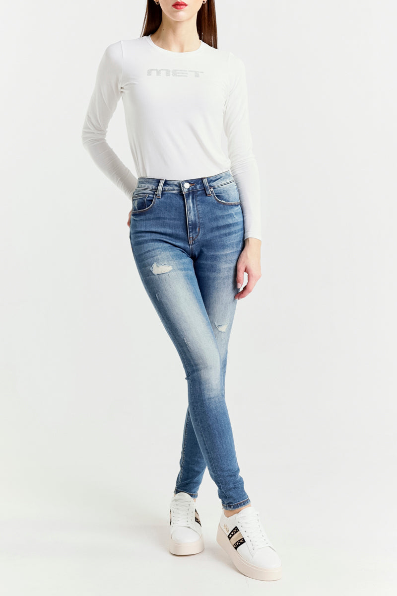 Jeans Push Up Blu Chiaro a Vita Regolare con Piccole Rotture