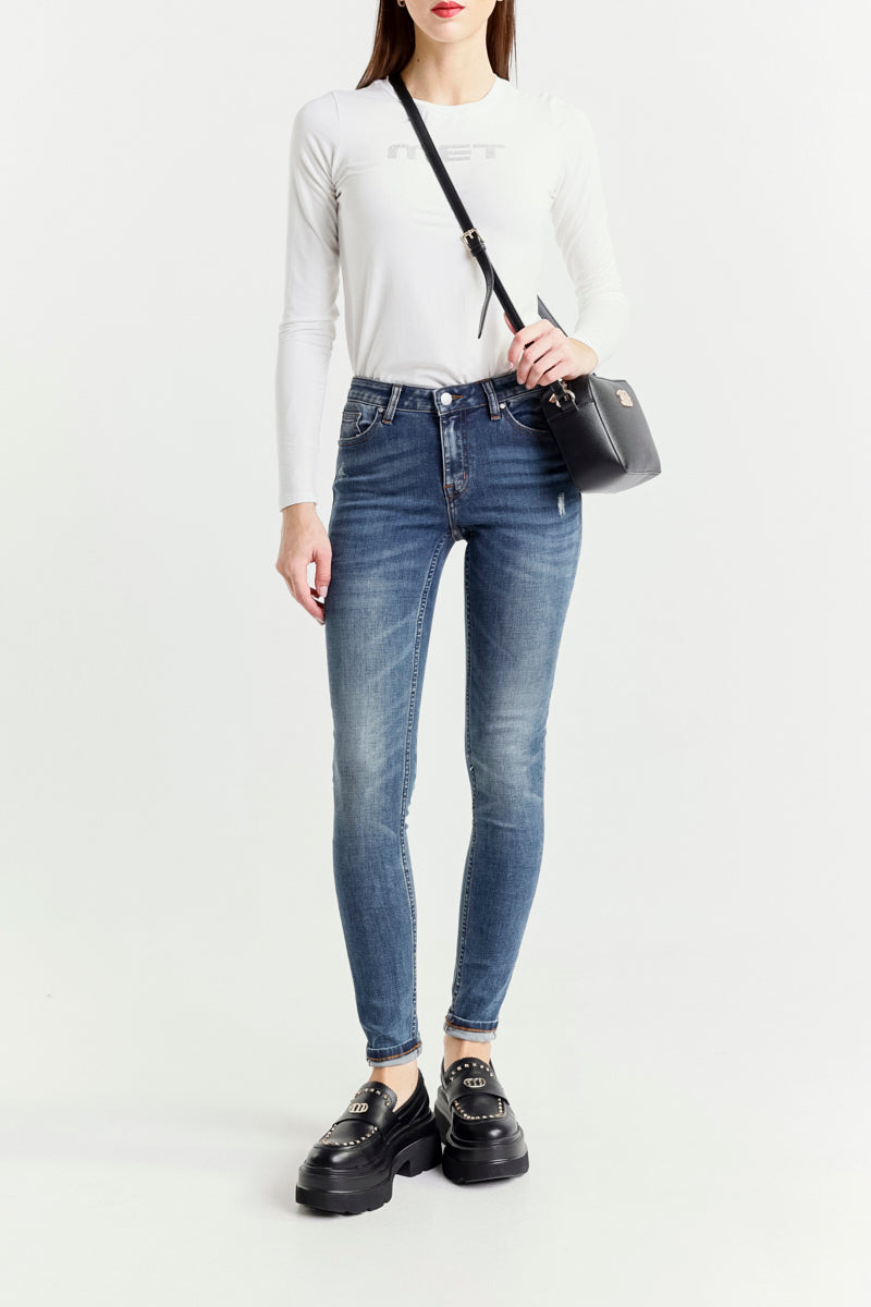 Jeans Skinny Blu a Vita Regolare con Piccole Rotture
