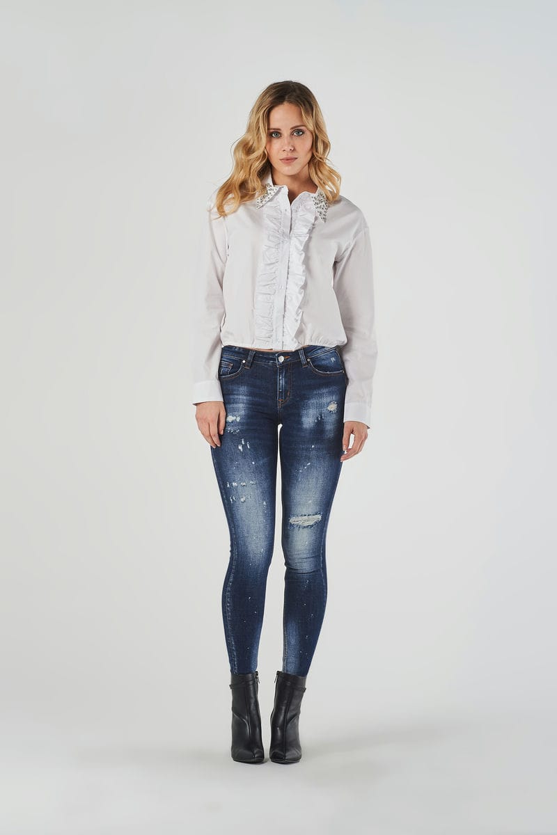Jeans Skinny Blu a Vita Regolare con Rotture