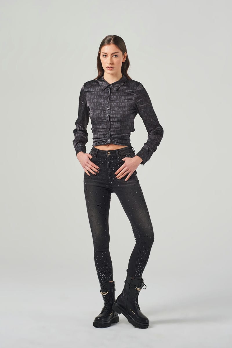 Jeans Skinny Neri a Vita Alta con Brillanti
