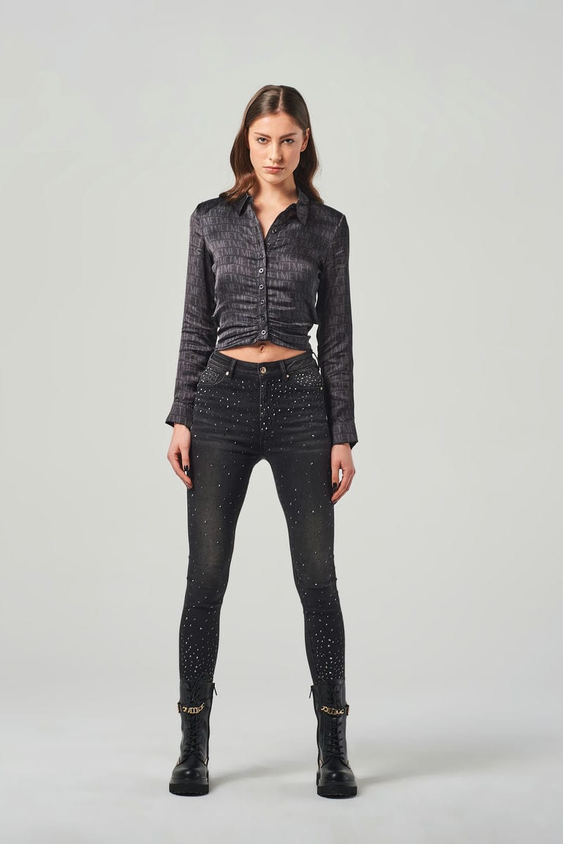 Jeans Skinny Neri a Vita Alta con Brillanti