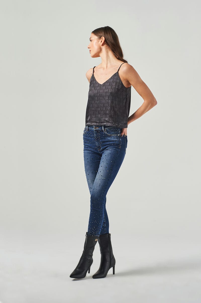 Jeans Skinny A Vita Alta con Applicazioni Brillanti