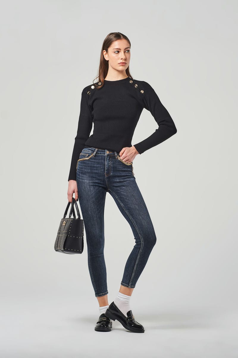 Skinny Jeans Blu a Vita Regolare con Catene Decorative