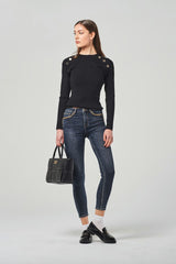 Regular-Waist Blue Skinny Jeans with Decorative Chains