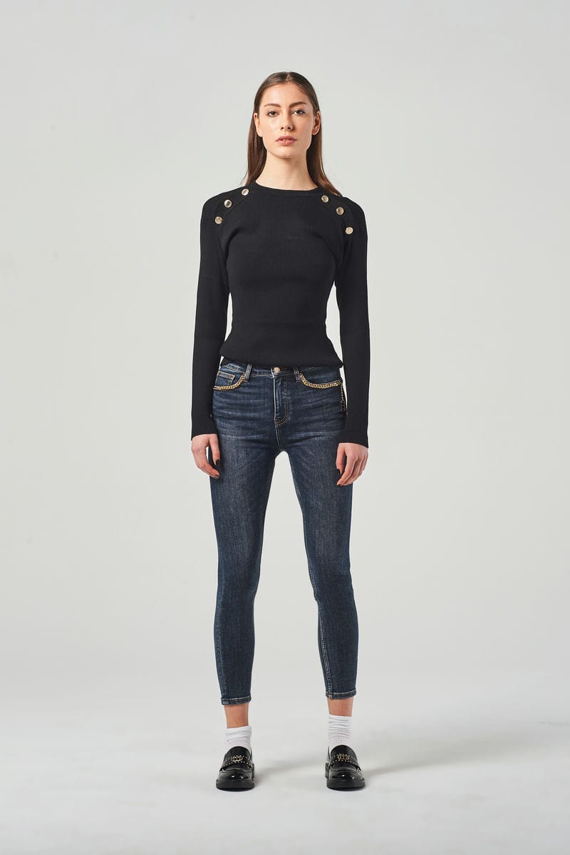Skinny Jeans Blu a Vita Regolare con Catene Decorative