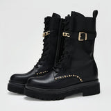 Studded Combat Ankle Boots with Decorative Buckle