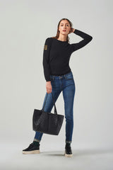 Long-Sleeved Crew Neck T-Shirt with Side Rhinestone Patch