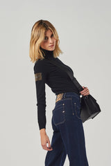 High-Neck Sweater with Side Rhinestone Patch