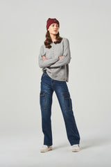 Women's Blue High-Waisted Straight Leg Cargo Pocket Jeans