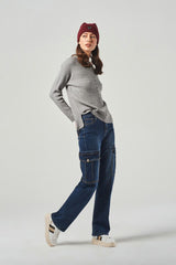 Women's Blue High-Waisted Straight Leg Cargo Pocket Jeans