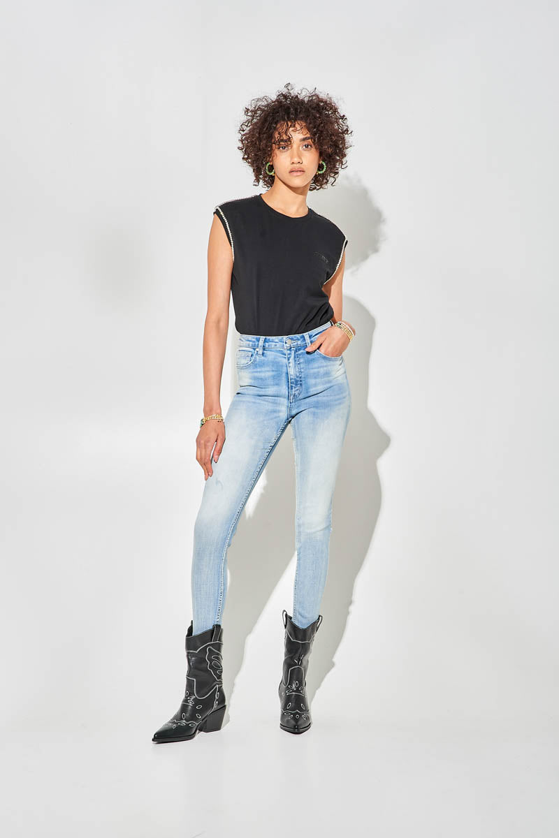 Jeans Skinny Blu a Vita Alta con Sfumature
