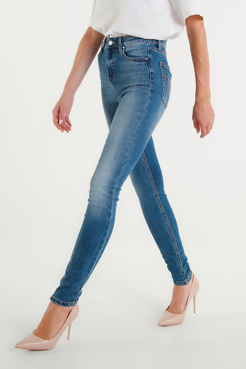 Jeans Cara Skinny Blu Medio a Vita Alta