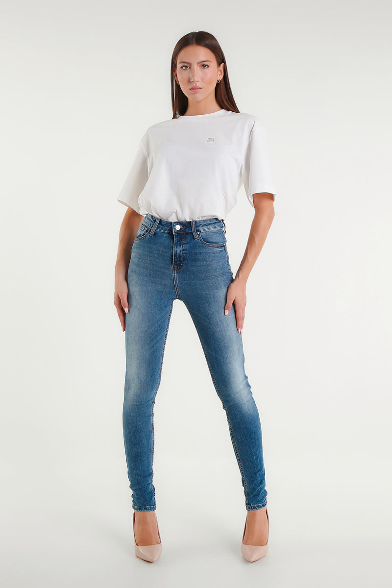 Jeans Cara Skinny Blu Medio a Vita Alta