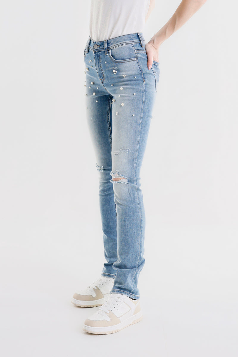 PANTALONE DENIM SKINNY CON STRASS