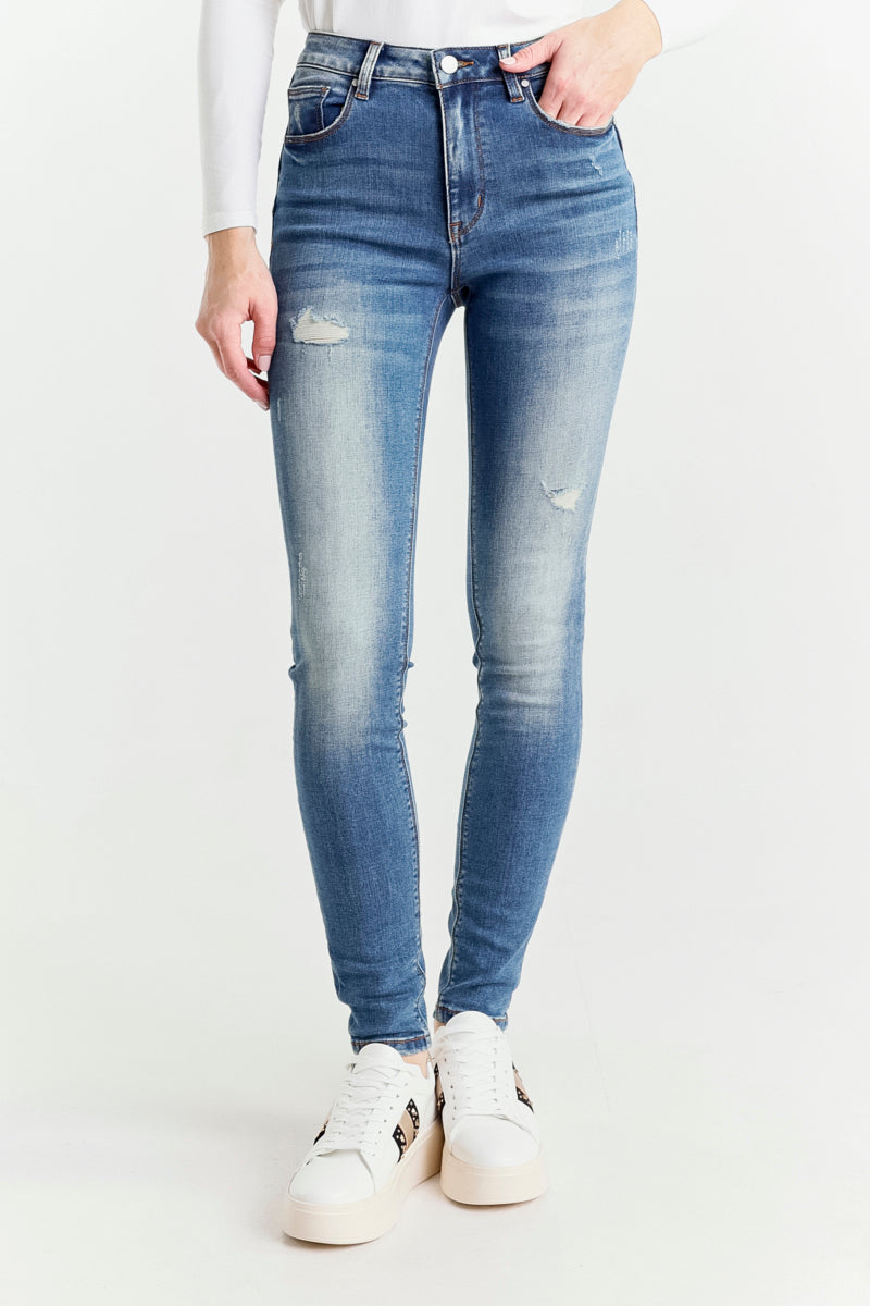 Jeans Push Up Blu Chiaro a Vita Regolare con Piccole Rotture