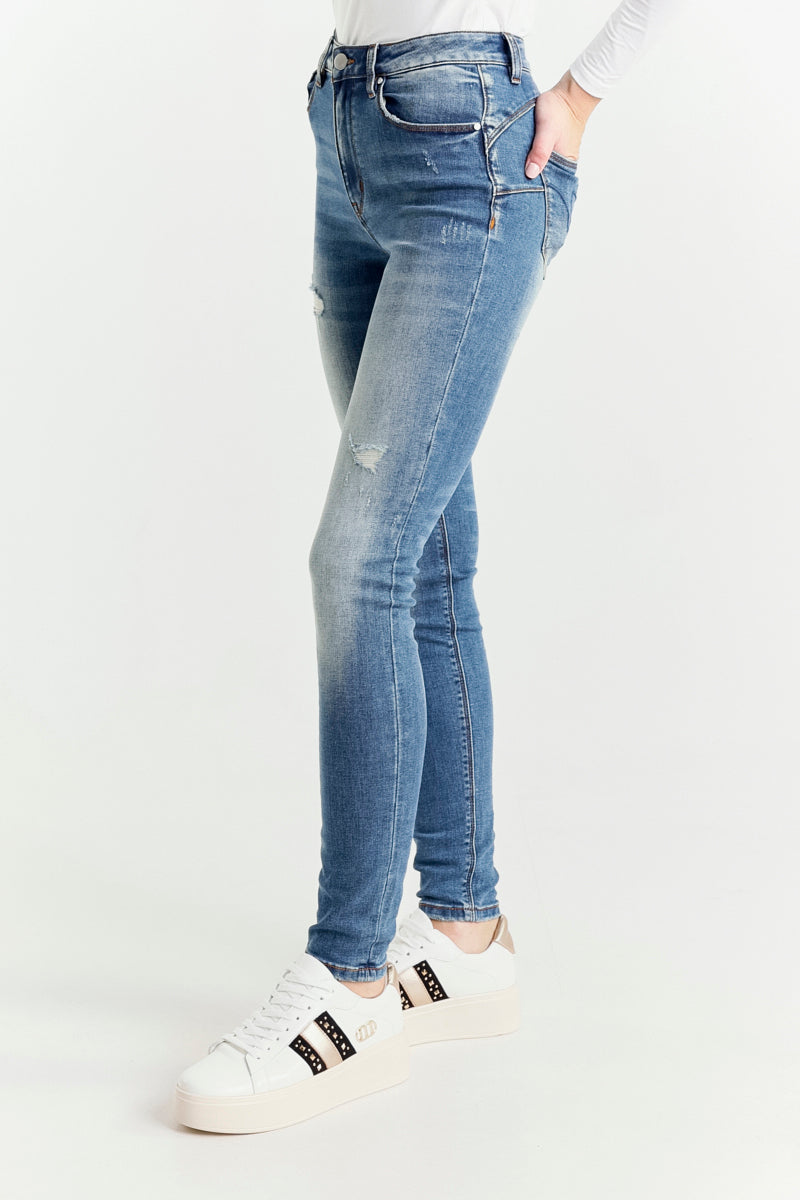 Jeans Push Up Blu Chiaro a Vita Regolare con Piccole Rotture