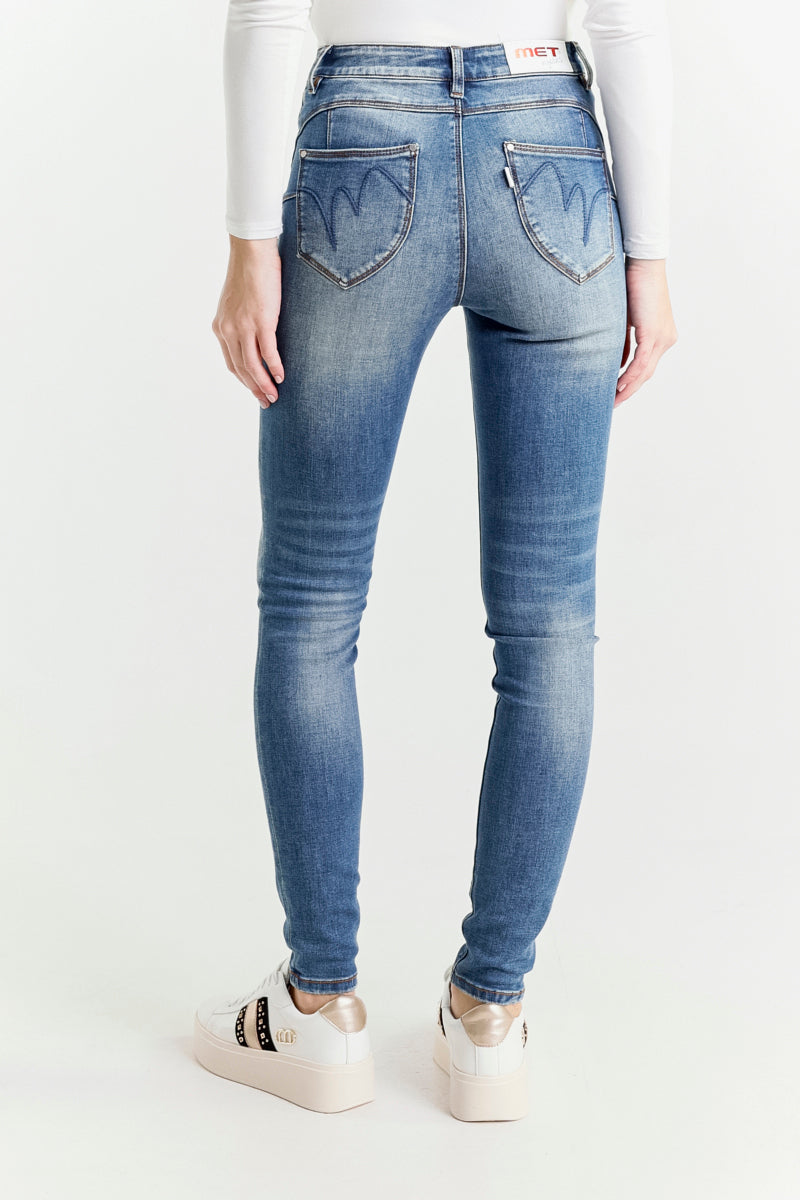 Jeans Push Up Blu Chiaro a Vita Regolare con Piccole Rotture