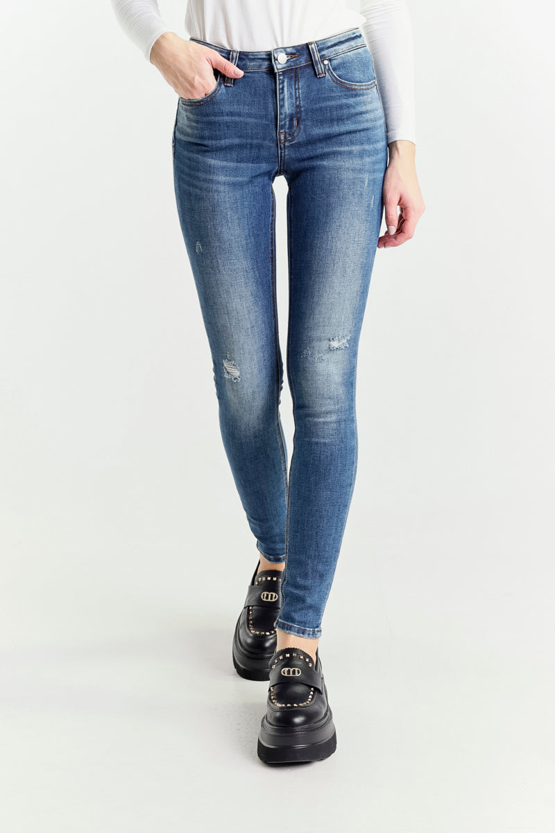 Jeans Skinny Blu a Vita Regolare con Rotture