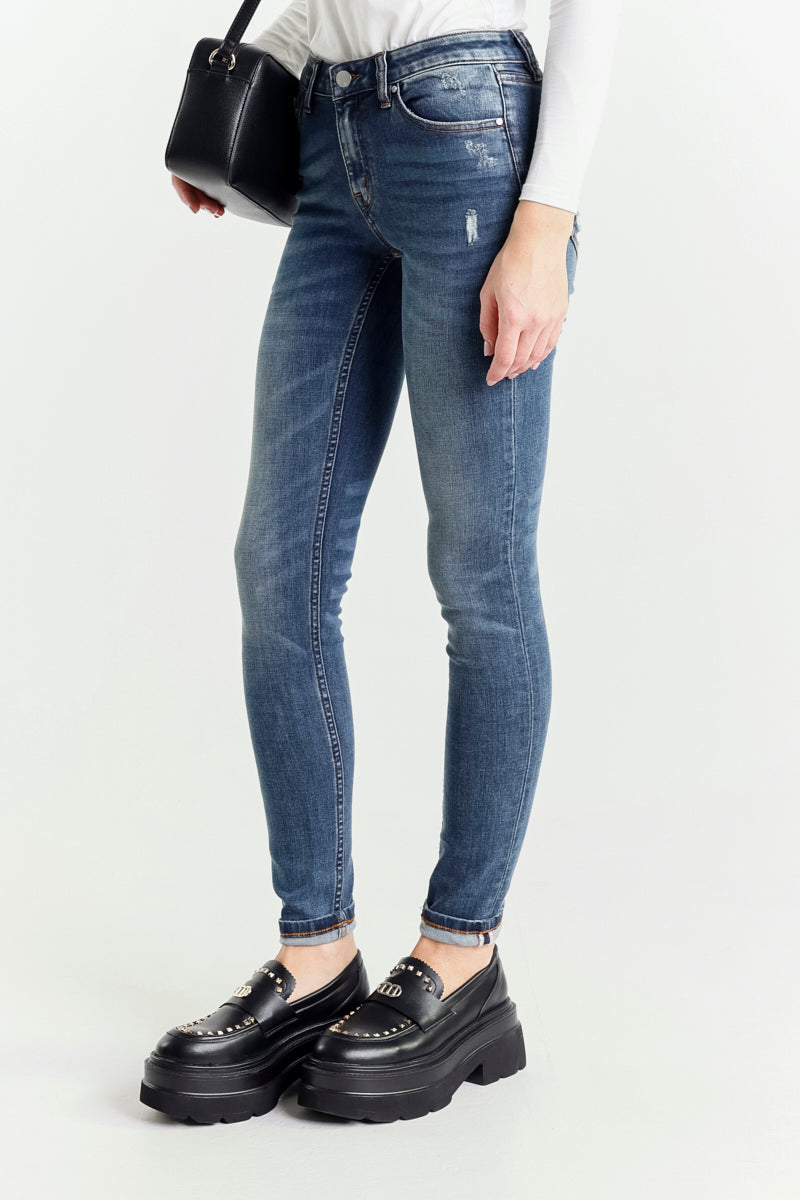 Jeans Skinny Blu a Vita Regolare con Piccole Rotture
