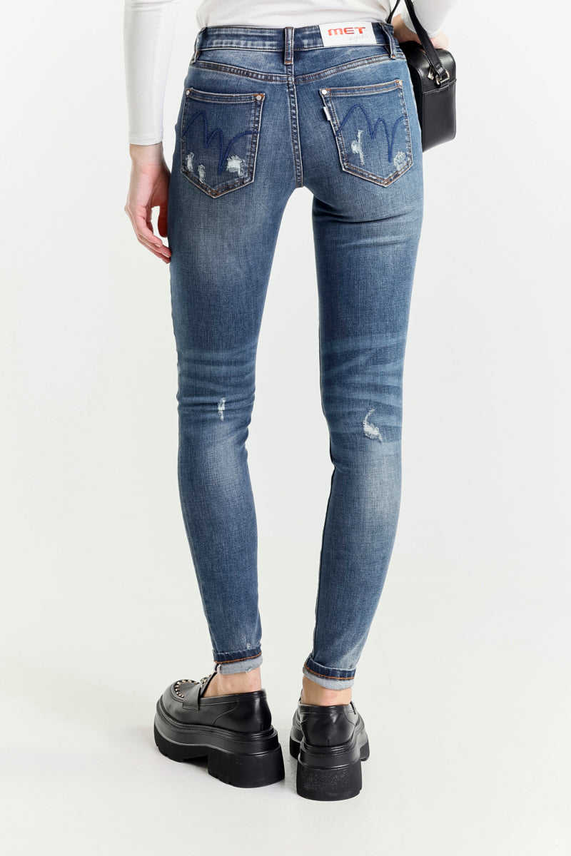 Jeans Skinny Blu a Vita Regolare con Piccole Rotture