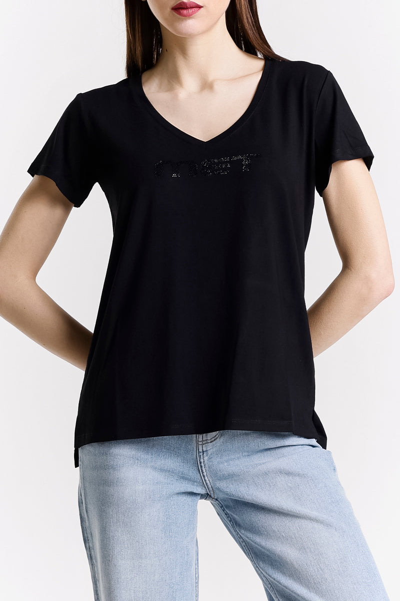 T-SHIRT SCOLLO A V LOGO STRASS
