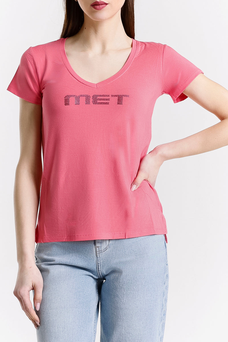 T-SHIRT SCOLLO A V LOGO STRASS