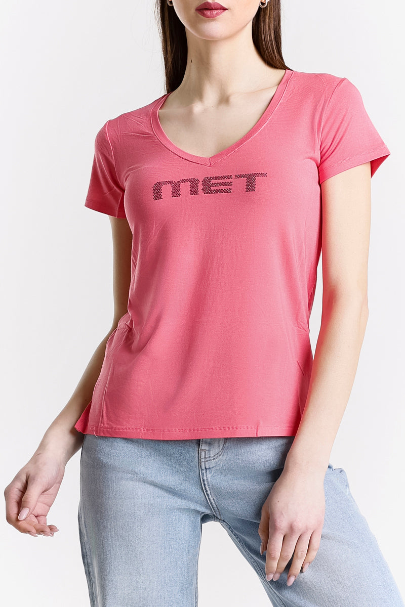 T-SHIRT SCOLLO A V LOGO STRASS